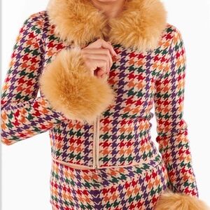 Show Me Your MuMu Zermatt Zip Up Top Houndstooth with Faux Fur Trim